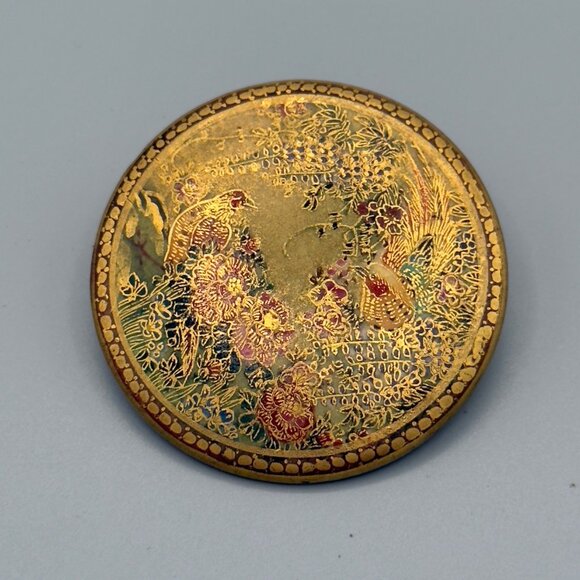 Antique Japanese Satsuma Ceramic Porcelain Hand Painted Brooch Pin Birds Flowers - Picture 2 of 13